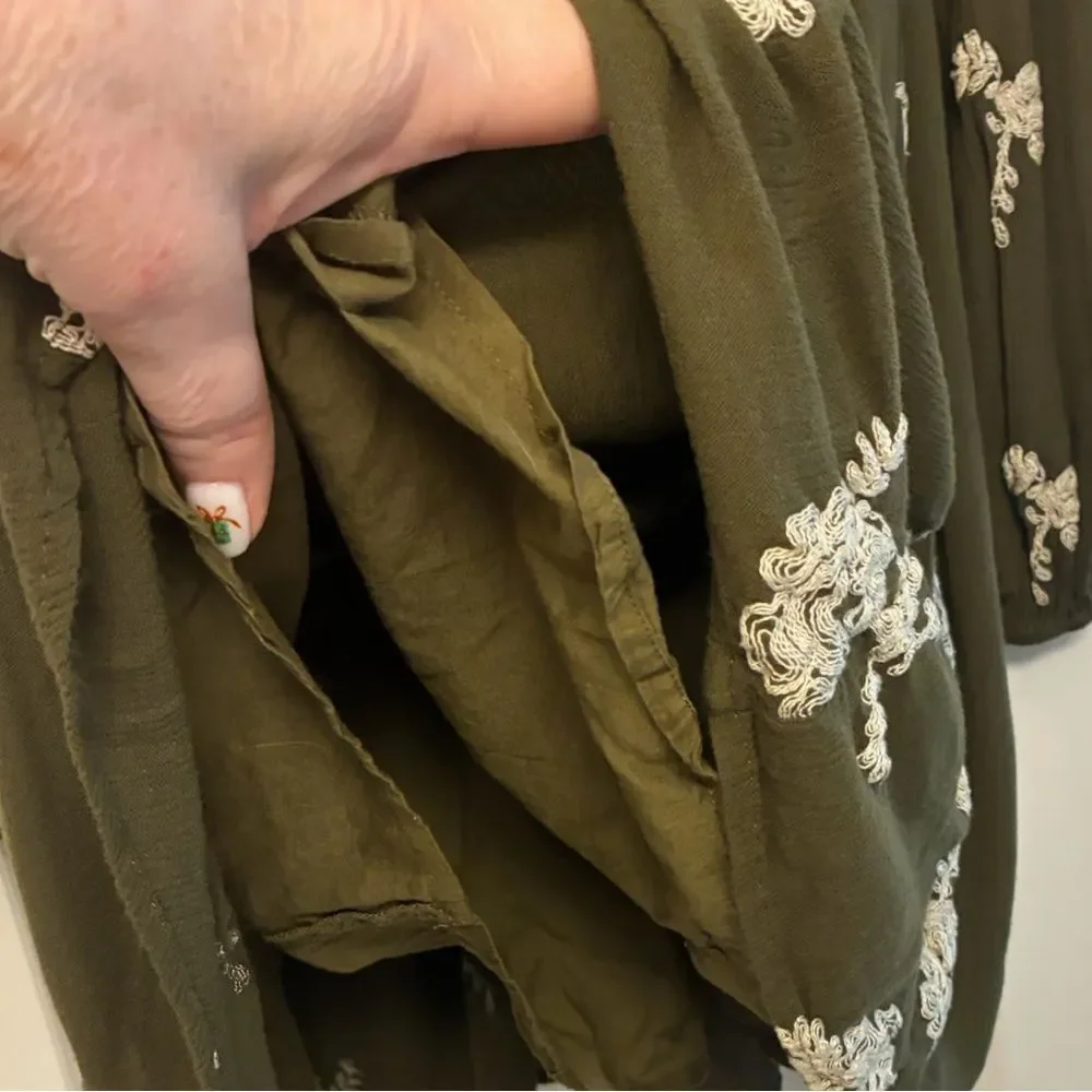 FREE PEOPLE Austin Embroidered Mini Dress Olive Green Women’s Size Small POCKETS